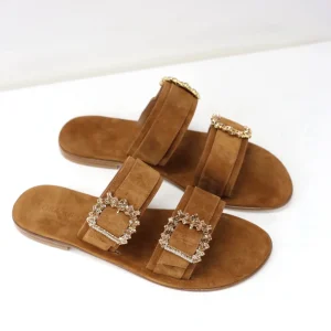 Ciabattina doppia fascia camoscio marrone